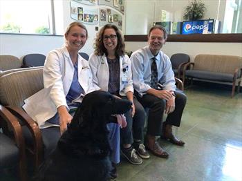 three-veterinarians-with-dog-in-waiting-room