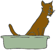 Illustration of a brown cat straining to urinate in a litter box.