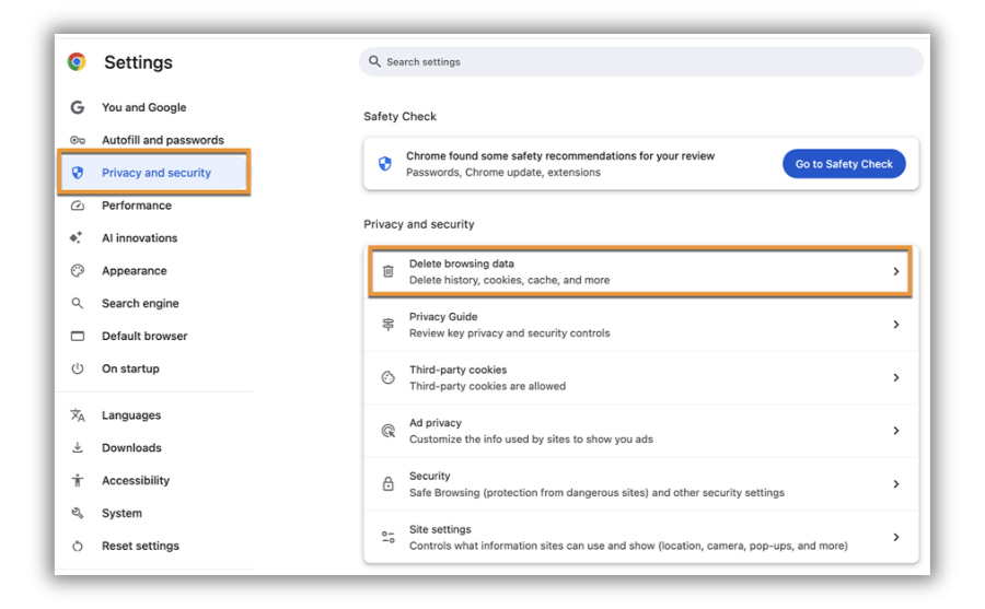 Image of Chrome Privacy and security to access Delete Cookies