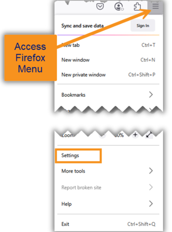 Image of access to Firefox menu to settings