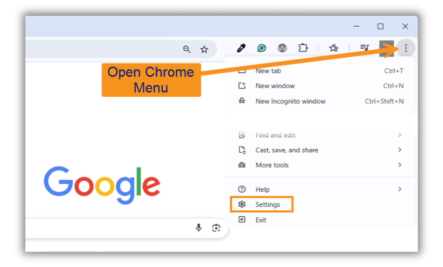 Image of how to locate Chrome Menu to get to settings