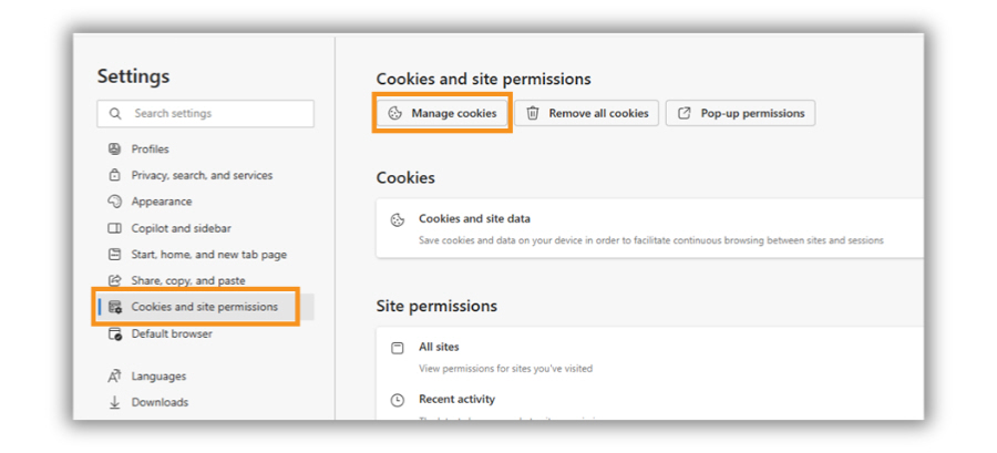 Image of Edge Manage cookies setting