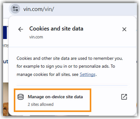 Image of Manage on-device site data page