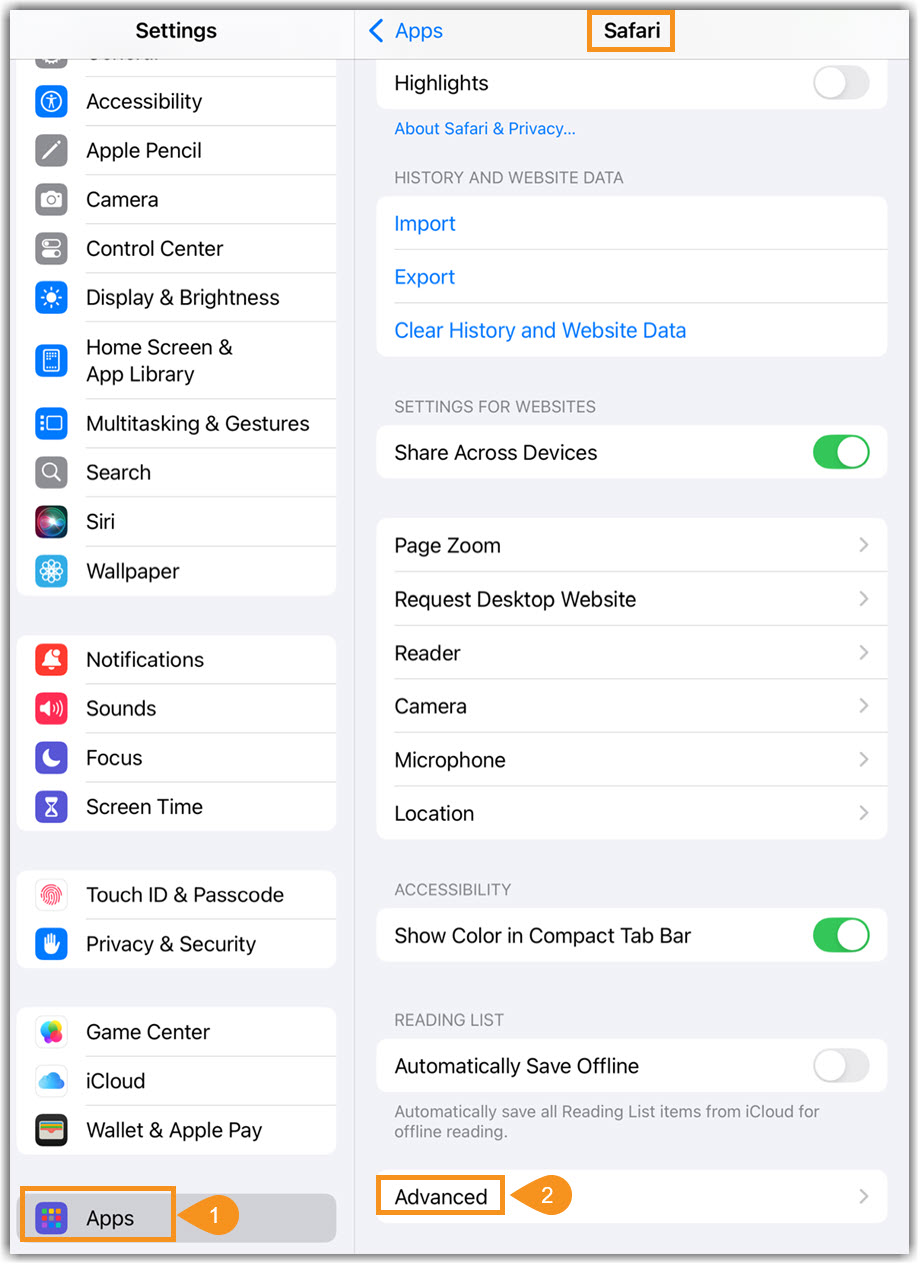 image of iPad/iPhone settings to Safari Advanced