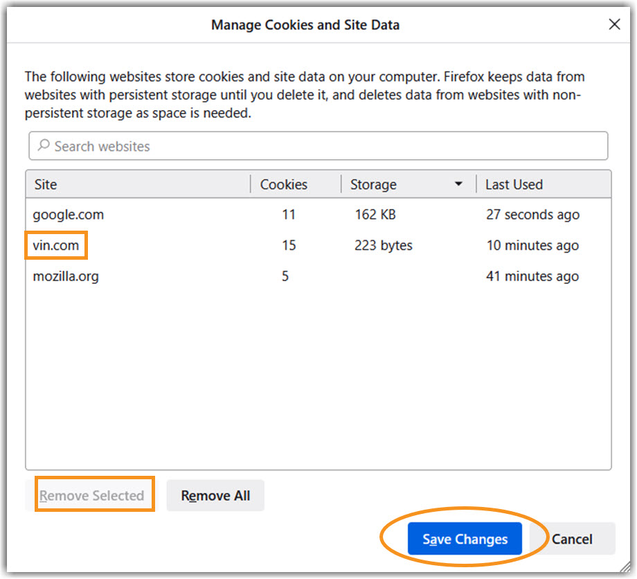 Image of Manage Cookies and Site Data to identify vin cookies and remove