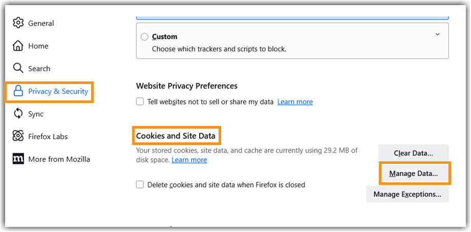 Image of Firefox selection of Manage Data under Cookies and Site Data