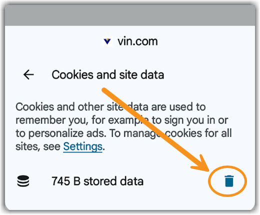 Image of Android Cookies and site data option for Trash