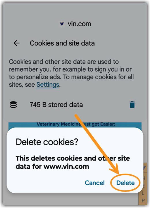 Image of Android final step to delete Cookies and site data