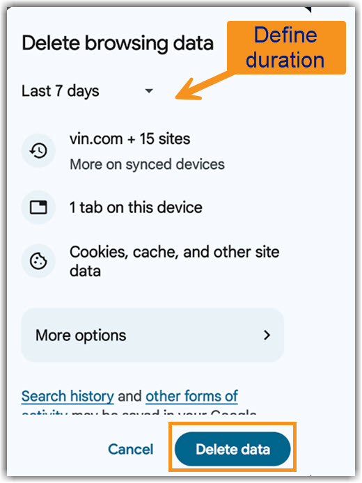 Image of Android Chrome select time period and delete