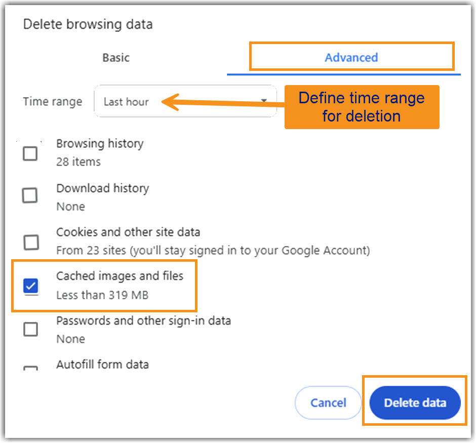 Image of Chrome Delete browsing data final selection