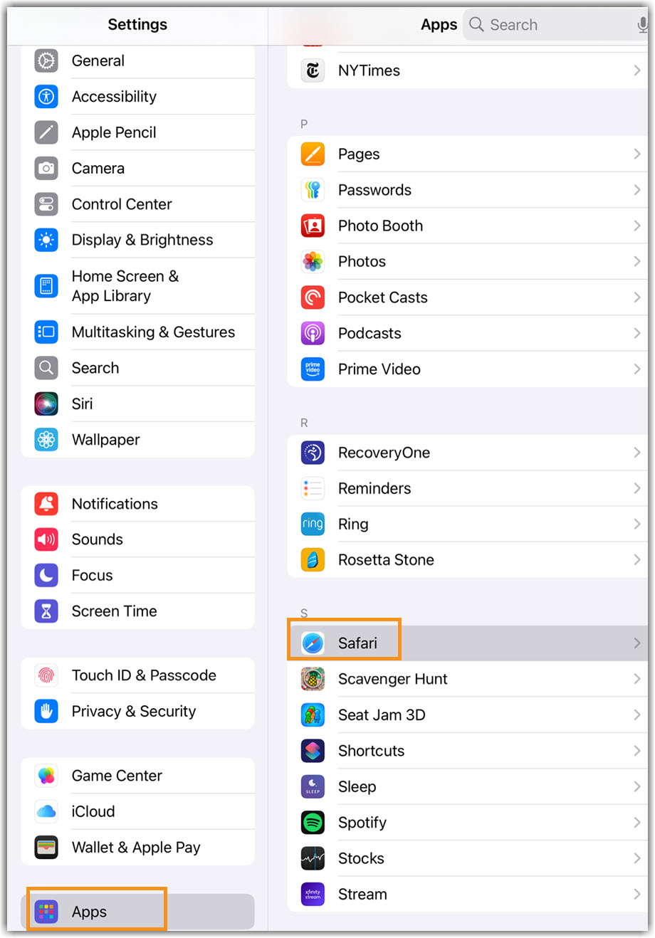 Image of access to Safari settings through Apps