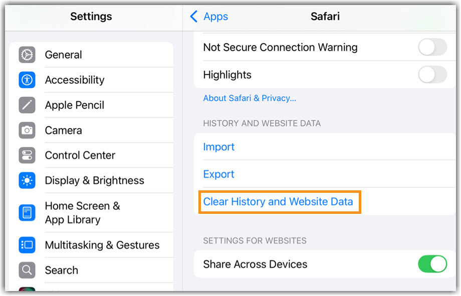 Image of accessing Clear history and website data