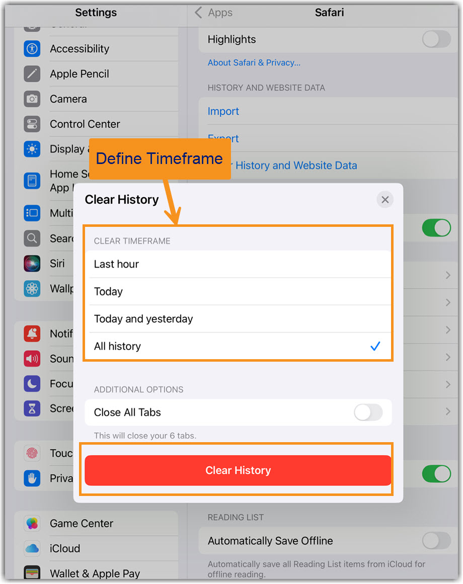 Image of iPad/iPhone Clear History page