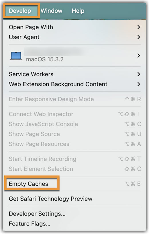 Image of Safari Develop page to Clear Caches