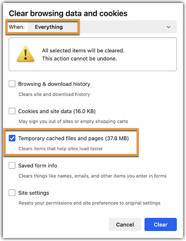 Image of Firefox on Mac Clear browsing data page